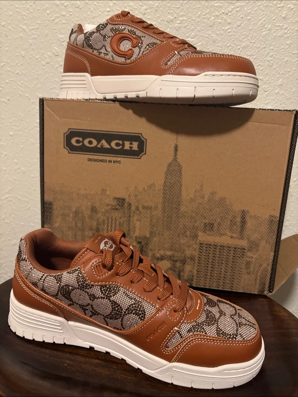 Coach Brown Leather & Monogram Canvas Sneakers with White Sole